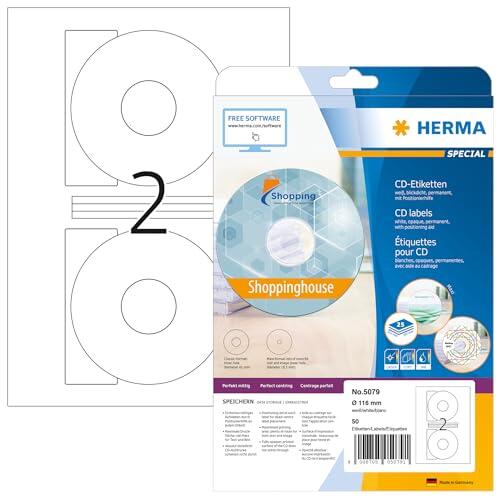 Herma CD labels white ø 116 SuperPrint 50 pcs. - Etiquetas de impresora (Color blanco, Labels/pack - 50 pcs. Sheets/pack - 25 pcs., ø 116 mm, A4 sheets)