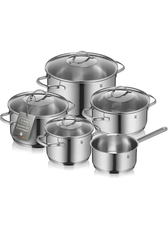 WMF Provence Plus - Batería de Cocina 5 Piezas, Acero Inoxidable Apto para Inducción, 1 Cacerola Baja de 20 cm, 3 Cacerolas Altas de 16 cm, 20 cm y 24 cm, 1 Cazo 16 cm con 4 Tapas de Cristal