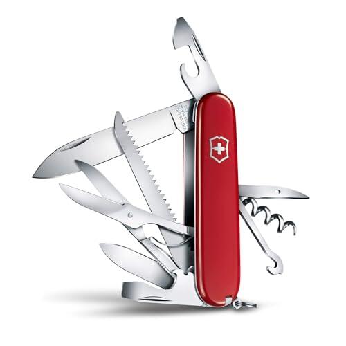 Victorinox Huntsman, Swiss Army Knife, Navaja suiza multiusos con 15 funciones, incluyendo tijeras, sierra para madera y sacacorchos, Rojo