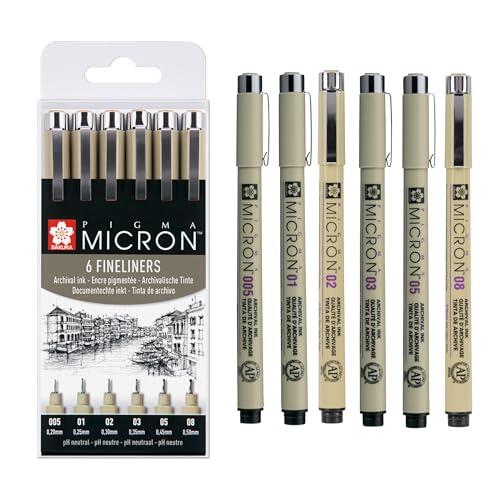 SAKURA Pigma Micron Bolígrafos Punta Calibrada Set de 6, Tinta negra permanente resistente al agua, Variedad de tamaños | Bolígrafos para escribir, dibujar y llevar un diario