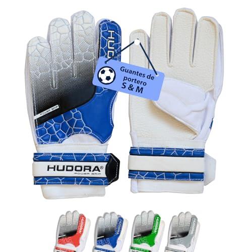 Hudora Guantes de Portero - Guantes de Portero de fútbol Acolchados para niños y Adolescentes Talla S - Guantes de Portero con Respaldo de Espuma - Guantes de fútbol con Velcro - Azul