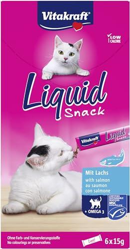 Vitakraft Liquid Snack, golosina gatos, salmón MSC, omega 3 (6x 15g) | snack cremoso gatos, sticks para lamer, bajo calorías, puro o topping, omega 3 para piel y pelo, sin colorantes,desde 3 meses