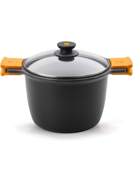 BRA Efficient Olla Alta con Tapa de Cristal y Asas de Silicona, 11 litros, 28 cm, Apta para Todo Tipo de cocinas incluída inducción, Aluminio, Negro