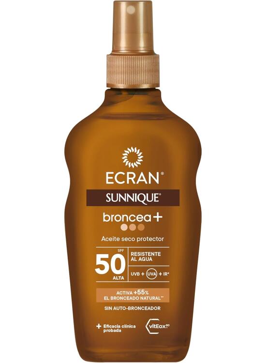 Ecran Sunnique - Aceite Protector Solar Broncea+ FPS 50, Protección Alta UVB y UVA, Activa el Bronceado Natural, Sin Autobronceador, con Tecnología PureBronze, Resistente al Agua - 200 ml