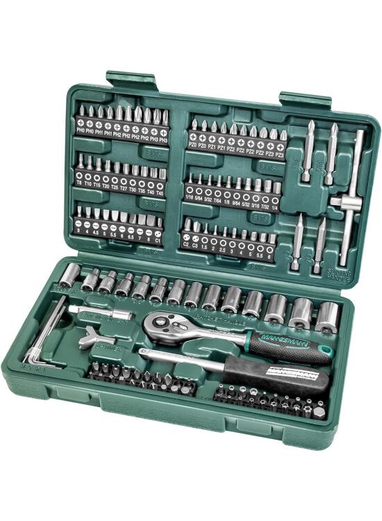Mannesmann M29166, Maletín con juego de llaves de vaso y puntas de destornillador, 130 Piezas (Paquete de 1)
