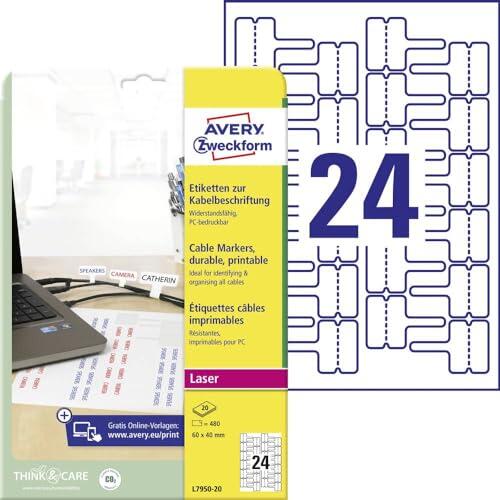 Avery Zweckform L7950-20 - Etiqueta para cables (60 x 40 mm, 480 unidades), color blanco