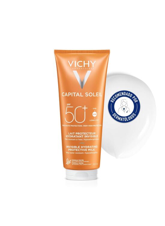 Vichy Leche Protectora e Hidratante, Pieles Sensibles, Hidratación Intensa, Fotoprotección SPF50+ Contra Rayos UVB y UVA, Formato Familiar, Capital Soleil, 300 ml