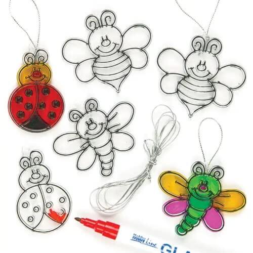 Baker Ross Atrapasoles Decorativos en Miniatura con Forma de Bicho Adornos con Efecto de Cristal Tintado para Ventanas (Pack de 12)