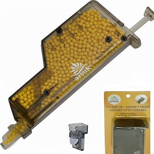 Arsuk Cargador Rápido Airsoft 6mm con Adaptador – 90 Disparos – Negro – Speedloader para Balines BB – Herramienta de Recarga Rápida para Revistas, Pistolas y Fusiles Airsoft
