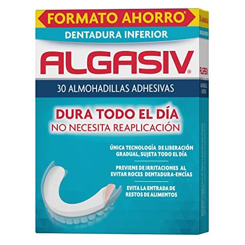 Algasiv Almohadillas Adhesivas Dentadura Inferior 30 Unidades | Dura todo el día, protege las encías, sujeción fuerte tecnología de liberación gradual que se activa con la saliva