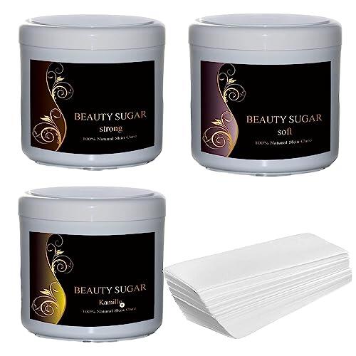 Sugaring Wax Kit - Beauty Sugar Test Set + 50 tiras de vellón GRATIS - pasta de azúcar para depilación - las tres pastas en formato XXL á 600g - para zona íntima, cara y cuerpo