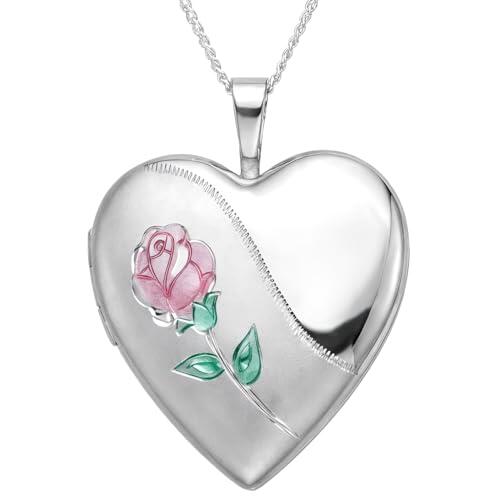 Relicario en forma de corazón color rosa de plata de ley y cadena de 45 cm.