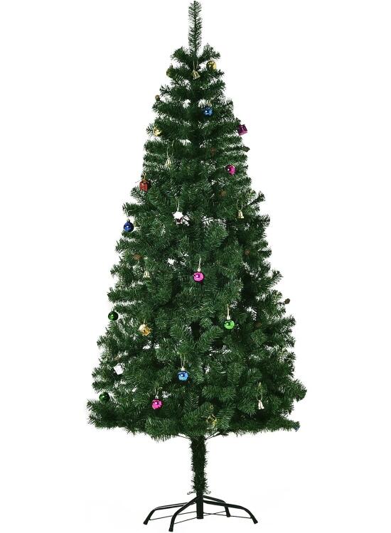 HOMCOM Árbol de Navidad 180cm Artificial Pino con Adornos Decorativos 48 Pcs y Soporte Metálico Color Verde Árbol Realista para Decoración Navidad