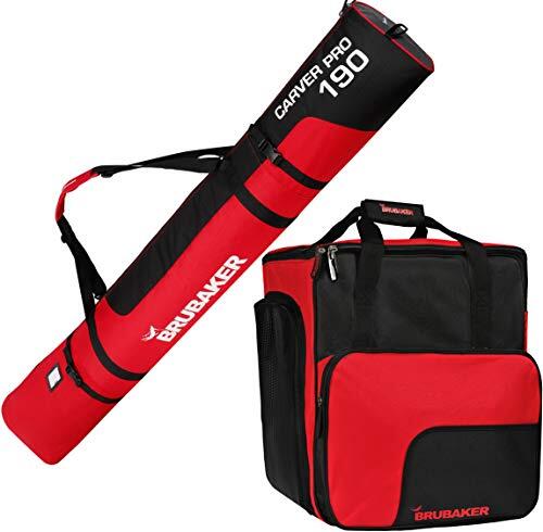 BRUBAKER Conjunto 'Super Function 1.0' Bolsa para Botas y Casco de ski Junto a 'Carver Pro 1.0' Bolsa para un par de Ski - Negro/Rojo - 190 cms.