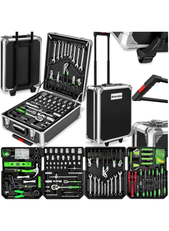 tectake® Maletín Herramientas Profesional con 1200 Piezas, Carro Herramientas con Asa Telescópica, Caja Herramientas Completa con 4 Niveles, Carro de Herramientas Taller Mecánico, Bricolaje - negro