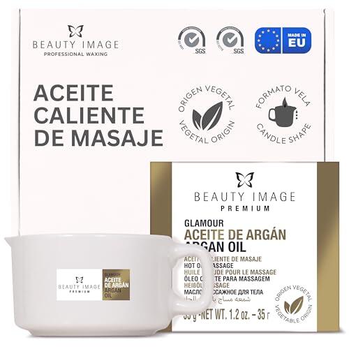BEAUTY IMAGE Vela de Masaje - Color Dorado Brillante Glamour - Con Aceite de Argán. De 2 a 3 Masajes de Cuerpo Entero. Aceite Caliente para Masaje Profesional. Calidad Hecho en Europa. Masaje Sensual.