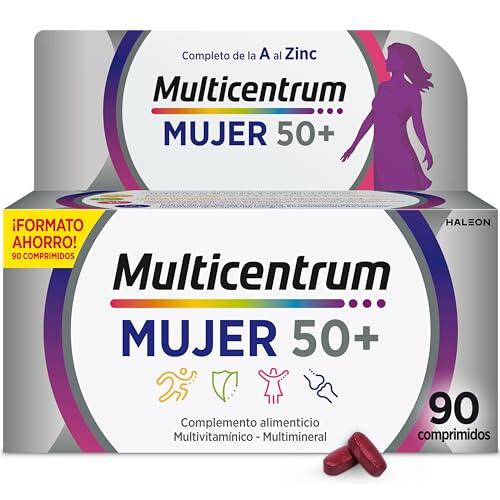 Multicentrum Mujer 50+ Complemento Alimenticio Multivitamínico y Multimineral para Mujeres 50+, Con Vitamina C y Zinc; Postmenopausia, Sin Gluten, 90 Comprimidos
