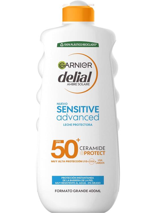 Garnier Delial Sensitive Advanced Leche Protectora Solar Formato XXL Familiar. Ceramide Protect: mantiene la piel hidratada y la función barrera intacta. 0% pegajoso, 0% graso.