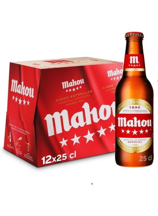 Mahou 5 Estrellas, Pack de 12 Botellas x 25 cl, Cerveza Especial Dorada Lager, Sabor 5 Estrellas, 5,5% Volumen de Alcohol