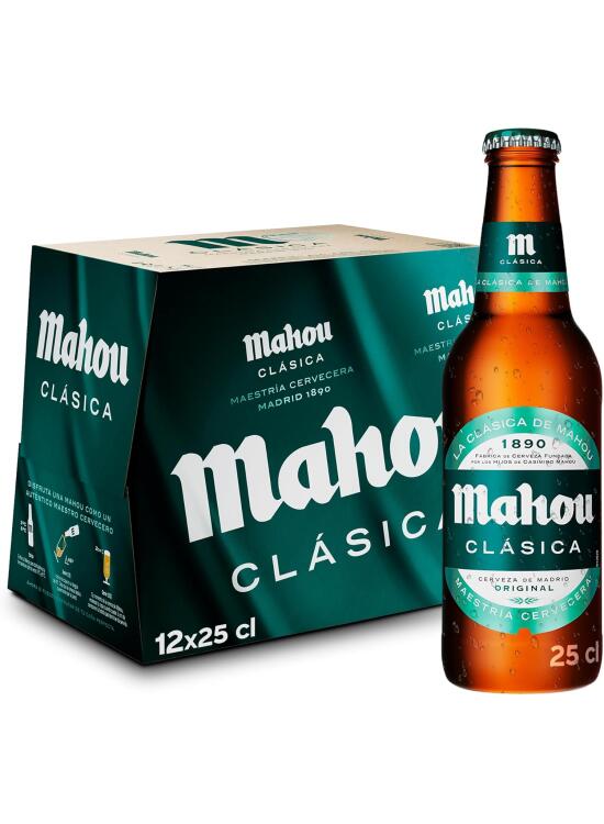 Mahou Clásica, Pack 12 Botellas x 25cl, Cerveza Dorada Lager, Auténtica Cerveza Mahou Con Sabor Suave, Refrescante y Con Espuma Consistente, 4.8% Vol. Alcohol