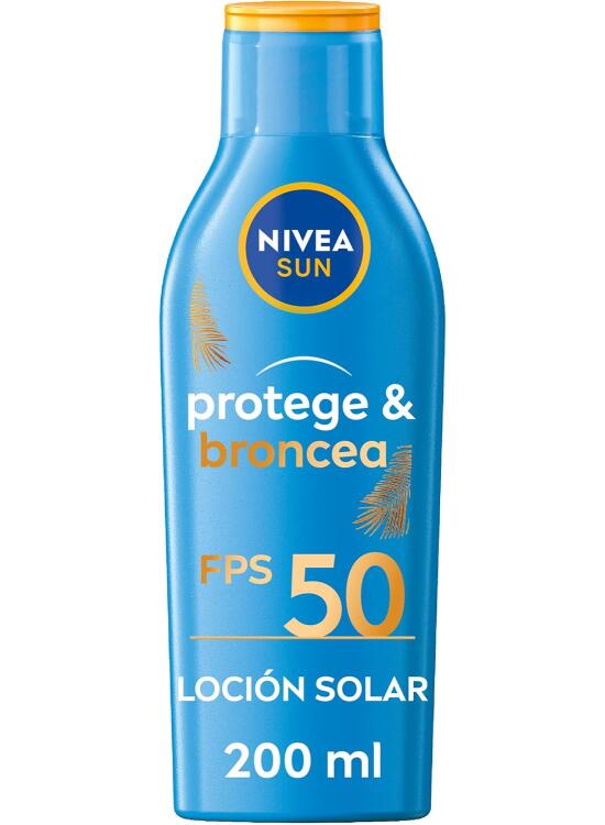 NIVEA SUN Protege & Broncea Leche Solar Activadora del Bronceado FP50 (1 x 200 ml), potenciador del bronceado resistente al agua, protección solar alta, crema solar 50 bronceadora