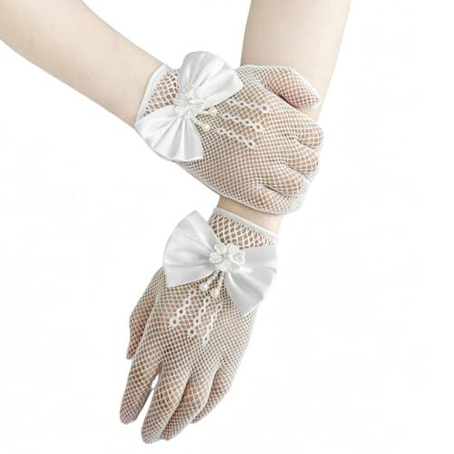 SwirlColor Guantes Blancos Niña Suave Elegantes para Primera Comunión, Boda o Fiesta del Té/Satén Organza con Encaje Floral