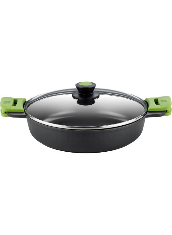 BRA Cacerola Baja con Tapa de Cristal y Asas de Silicona, Aluminio fudido, Negro, 28 cm