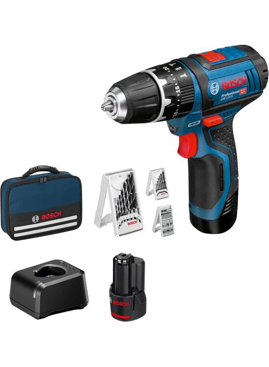 Bosch Professional 12V System taladro percusión batería GSB 12V-15 (Ø broca madera máx.: 19 mm, incl. 2 baterías 2.0Ah+cargador, 2 sets brocas, 1 set puntas, bolsa herramientas) - Set exclusivo Amazon
