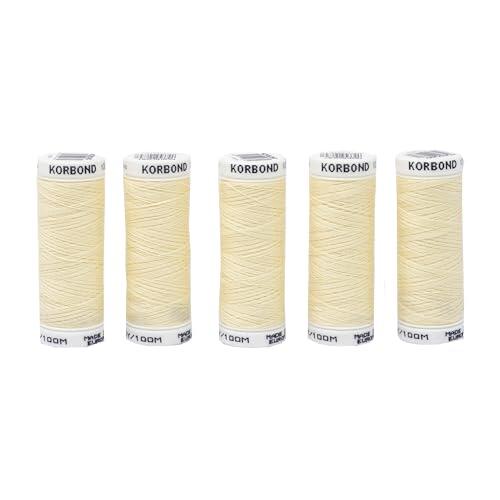 Korbond 500 m de Hilo de poliéster Crema de 5 x 100 m para máquinas de Coser a Mano, no se Encoge, Ideal para Reparar, sastrería, Acolchado, Manualidades, Reparaciones y Adornos