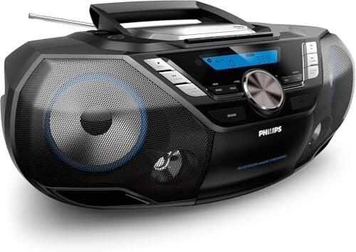 Philips AZB798T/12 Máquina de Sonido CD portátil, Reproductor de CD y Cassette Dab y FM Bluetooth, MP3-CD, USB, Bass dinámico, Control Remoto, Temporizador de sueño - Negro