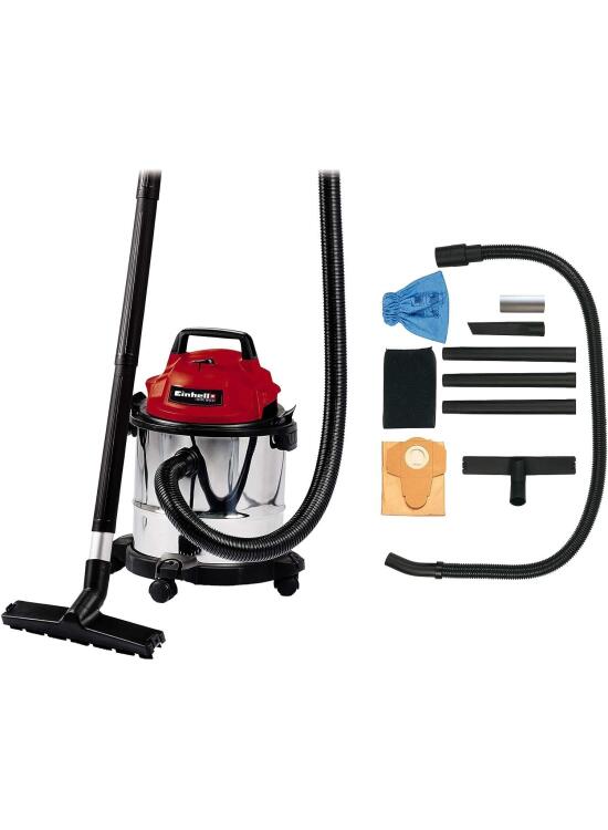 Einhell TC-VC 1812 S - Aspirador en seco y húmedo, 1250 W, 220-240 V, 50 Hz, 180 mbar, 78 dB (A), 12 l, Color Rojo, Negro, Blanco