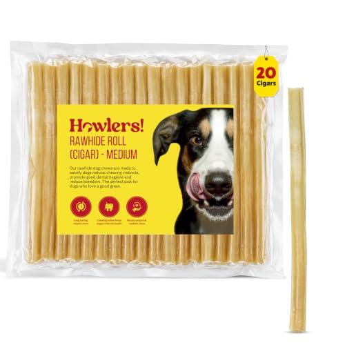 HOWLERS Paquete de 20 puros masticables de cuero crudo natural de 25 cm | Masticables de cuero crudo para perros hechos de 100% piel natural | masticables para perros de larga duración con