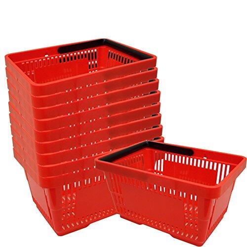 10 cestas de plástico para compras, cesta transportadora, ideal para supermercado, con asa, 21 litros, apilables, de color rojo.
