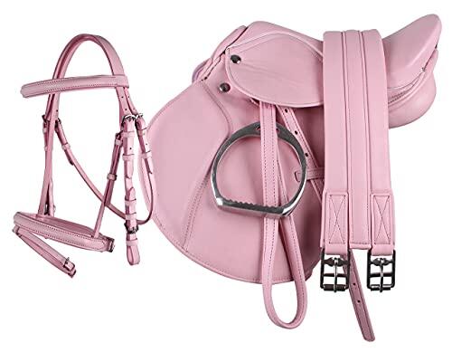 Set de silla de montar para poni QHP de piel (sintética) cincha y estribos de 33,02 cm + bocado combinado., rosa, 13 pulgadas