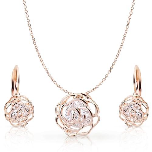 Crystalline Azuria Mujer 18ct Chapado en Oro Rosa Flores Rosas Cristales Juego de joyas Collar Pendientes para Mujer Niña Boda Novia y Dama de honor