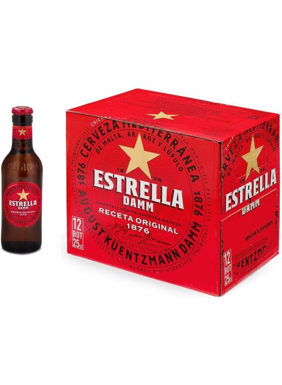 Damm - Cerveza Estrella Damm, Caja de 12 Botellas 25cl | Cerveza Lager Mediterránea, Receta Original 1876, 100% Ingredientes Naturales, en Botellín