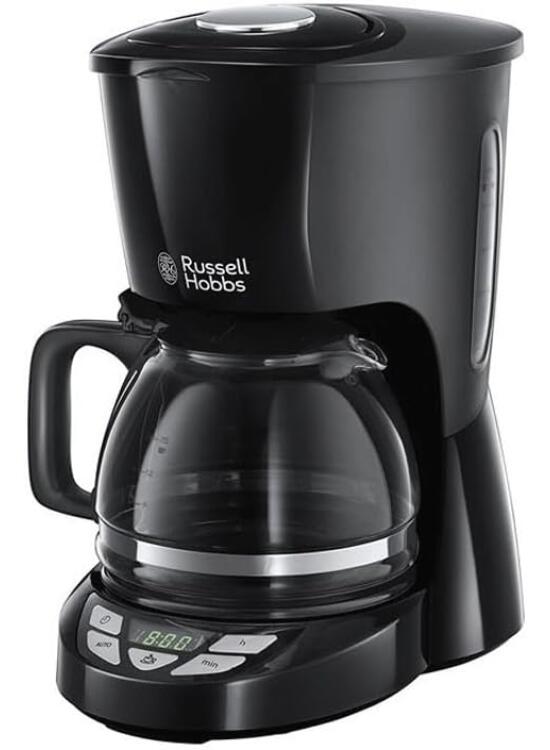 Russell Hobbs Cafetera de Goteo [1,25l, 12 tazas pequeñas / 10 tazas grandes, digital, programable] Textures Plus (tecnología de rociado avanzada, filtro extraíble, cuchara medidora, negro) 22620-56