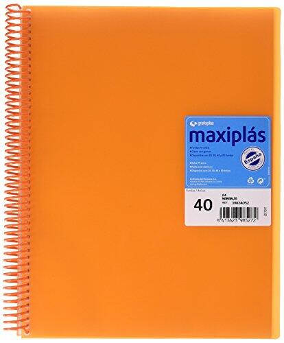 Grafoplas - Carpetas de Fundas Plastico a4, 40 Fundas Transparentes, Tapas Rígidas Naranja, Espiral PVC, Apertura 360, Incluye Sobre, Archiva Material Escolar y de Oficina, Maxiplás Traslúcidos