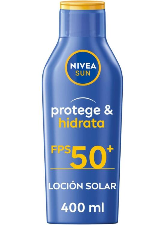 NIVEA SUN Protege & Hidrata Leche Solar FP50+ (1 x 400 ml), protector solar hidratante y resistente al agua, crema solar 50 con protección UVA/UVB, protección solar muy alta