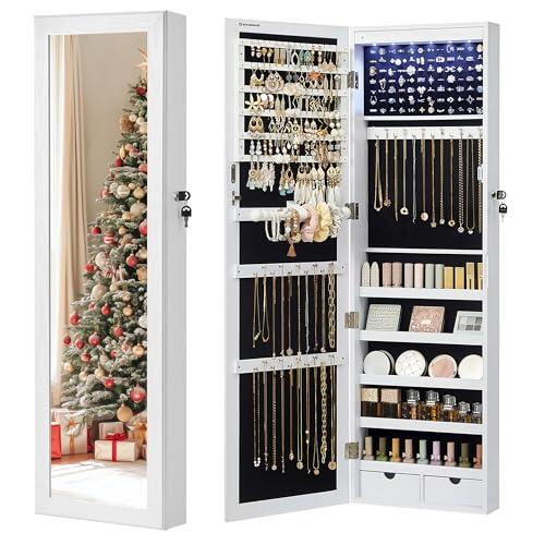 SONGMICS Armario para Joyas, Espejo Joyero de Pared, con Luces LED y Cierre, Organizador de para Pendiente, Collar, Espejo y Varios Compartimentos, Blanco con Vetas de Madera JBC93W