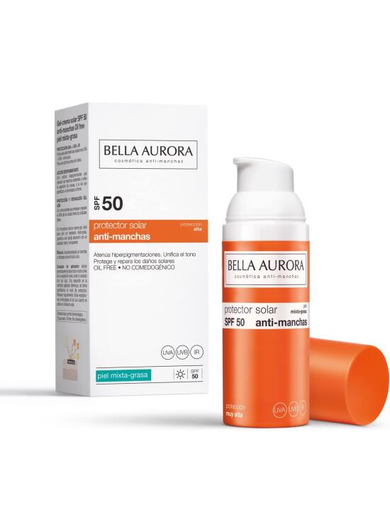 Bella Aurora Protector Solar SPF 50+ Facial Anti-Manchas Piel Mixta Grasa, 50 ml | Crema Protección del Sol Cara | Bloqueador Solar