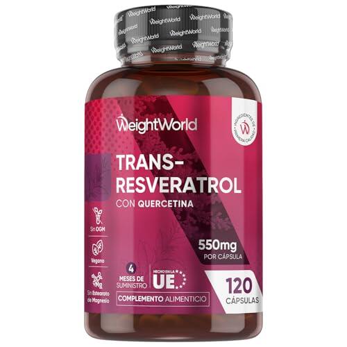 Trans Resveratrol con Quercetina 550mg - 120 Cápsulas de un 98% de Knotweed Japonés y Sophora Japonica - 4 Meses de Suministro - Apto para Veganos