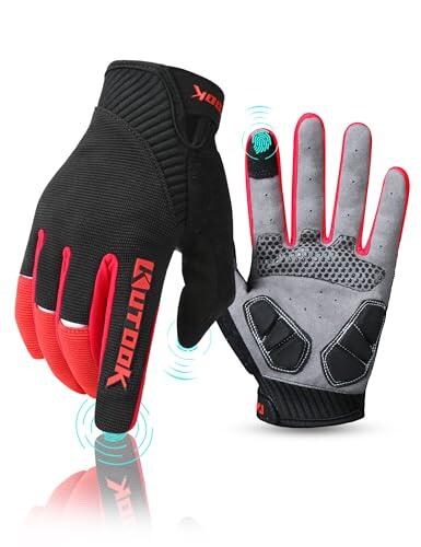 KUTOOK Guantes Ciclismo Largos Transpirables Hombres con Acolchadas De EVA Función Táctil Guantes MTB Gel Antideslizante(Rojo,L)
