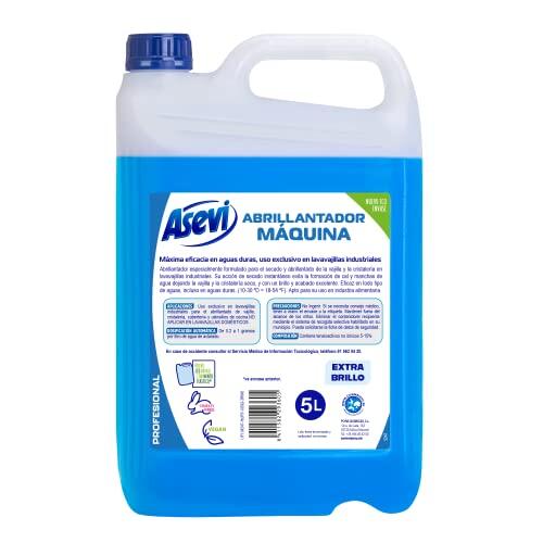 Asevi Abrillantador para Lavavajillas Industriales - Abrillantador Profesional para Máquinas - Extra Brillo y Secado Instantáneo Sin Manchas - Uso en Vajilla y Cristalería de Hostelería - 5 Litros