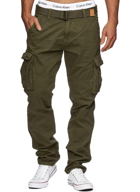 Indicode Hombres William Cargo Pants | Pantalón de algodón con 7 Bolsillos Incluido cinturón