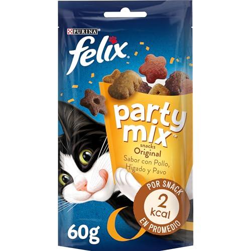 Felix Party Mix Original, Snack, Premio para Gato, Sabor Pollo, Hígado y Pavo, 8 Bolsas de 60 g