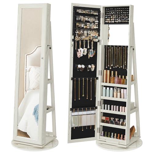 SONGMICS Armario Joyero, Armario para Joyas Independiente con Espejo Entero, Giro de 360°, con Estante y Llave, para Dormitorio, Idea de Regalo, Blanco con Vetas de Gris Claro JBC62W