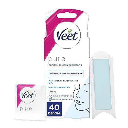 Veet Pure Bandas de Cera Fría Depilatoria para Depilación Facial Adecuado para Labio Superior (Bigote), Fórmula de Cera Hipoalergénica para Pieles Sensibles, 40 Tiras