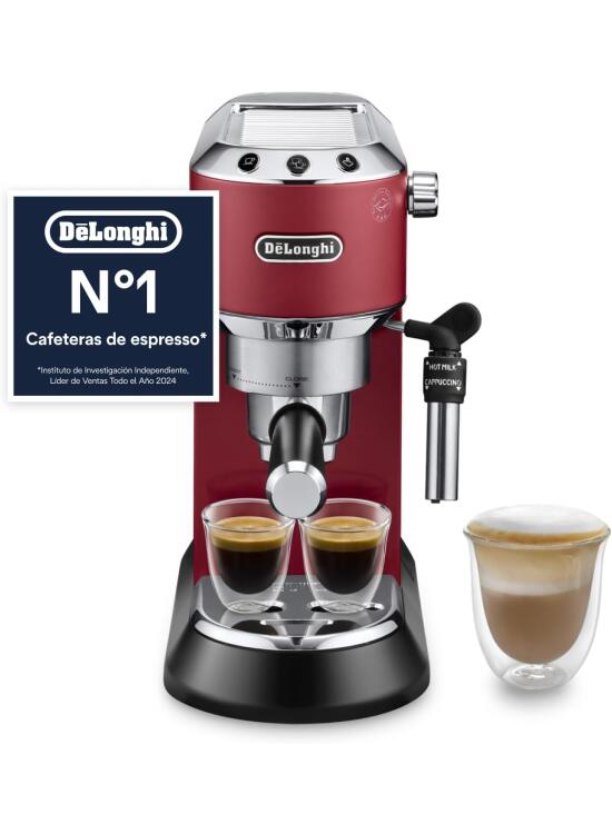 De'Longhi Dedica - Cafetera de Bomba de Acero Inoxidable para Café Molido o Monodosis, Cafetera para Espresso y Cappuccino, Depósito de 1.3 Litros, Sistema Anti-goteo, EC685.R, Rojo