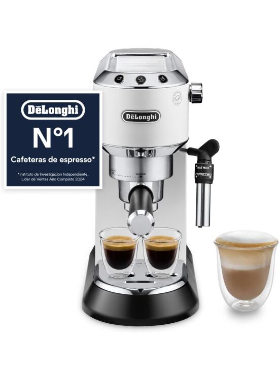 De'Longhi Dedica - Cafetera de Bomba de Acero Inoxidable para Café Molido o Monodosis, Cafetera para Espresso y Cappuccino, Depósito de 1.3 Litros, Sistema Anti-goteo, EC685.W, Blanco